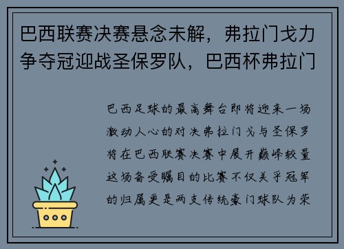 巴西联赛决赛悬念未解，弗拉门戈力争夺冠迎战圣保罗队，巴西杯弗拉门戈对巴拉纳竞技直播