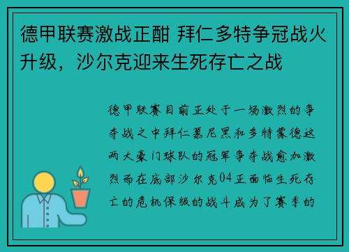 德甲联赛激战正酣 拜仁多特争冠战火升级，沙尔克迎来生死存亡之战