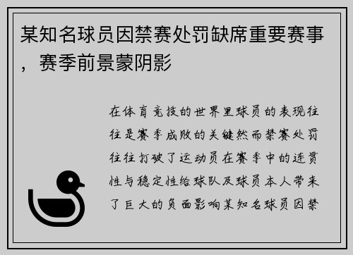某知名球员因禁赛处罚缺席重要赛事，赛季前景蒙阴影