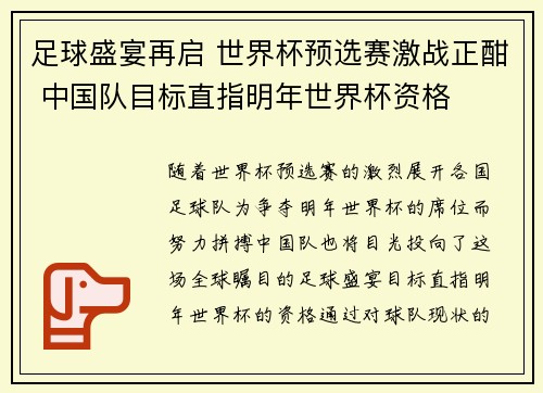 足球盛宴再启 世界杯预选赛激战正酣 中国队目标直指明年世界杯资格